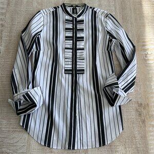 Ann Taylor Black White Striped Ruffle Long Sleeve Cotton Shirt/Blouse/Top Size 6